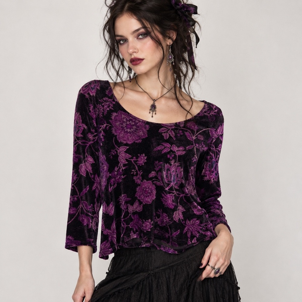 Vintage Floral Burnout Velvet Top Purple Black Whimsigoth Vampy Witchy Women's L
